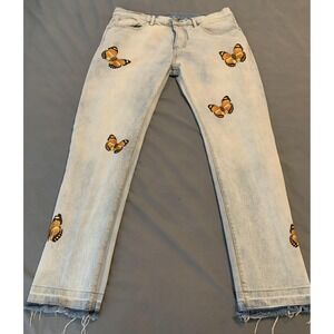 mnml Jeans Woman's 38 Light Wash Blue Butterfly Print Graphic Button Fly Raw Hem